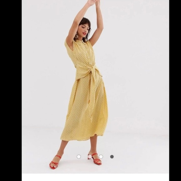 & Other Stories Waist Knot Midi Dress Yellow Polka Dot Tie Short Sleeve 0 - Picture 11 of 12